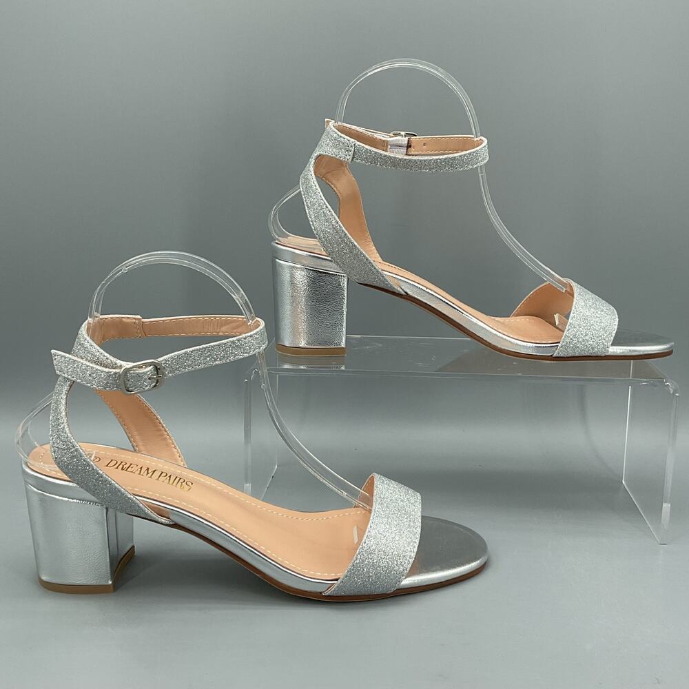 NEW DREAM PAIRS Women's Open Toe Ankle Strap Low Block Heels Silver Size 8.5